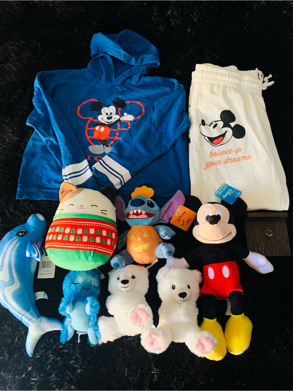 Disney Memorabilia Plushies Blue Hoodie and White Pants Set with Mickey Graphics